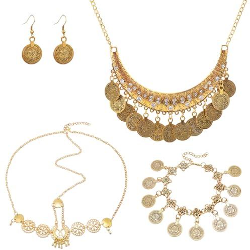 Werownsgso Bauchtanz Kostüm Set mit Boho-Stil Halsketten Goldene Kopfketten Armband und Ohrringen Bauchtanz Chmuckset Perfekt für Mottopartys und Karneval