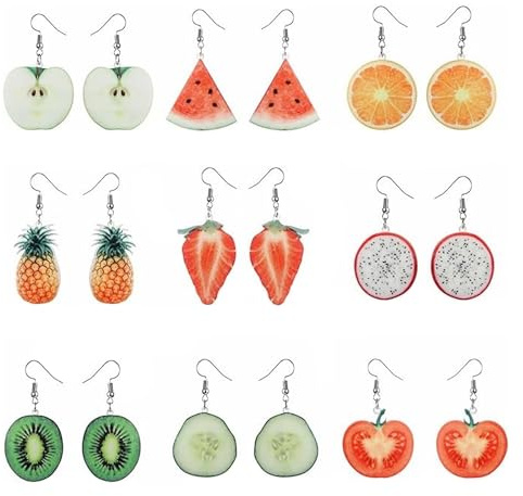 9 Paare Früchte Ohrringe Damen, Lustige Ohrringe Hängend für Damen Mädchen, Schmuck Set für Valentinstag-Geburtstags-Party-Geschenk
