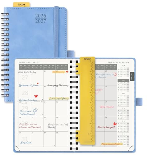POPRUN Taschenkalender 2026 2027 Spiralbuch Monatsplaner ca.A6(15,6 x 10cm) | 18 Monate Monatskalender,(Jul.2026-Dez.2027),Softcover mit PU-Leder,1 Monat 2 Seiten,100 GSM Papier(Cyanblau)