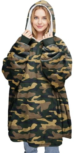 FASHIONISM Unisex Übergroße Sherpa-Decke Fleece Hoodie Super Soft Hooded Sweatshirt Decke Winterkleidung Warm Bequem Hoodie, Camouflage-Druck, One size