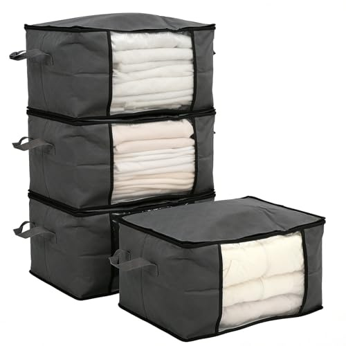 Sekey 4 Stück 60L Aufbewahrungstasche, Faltbare Kleiderschrank Organizer, Stoff-Aufbewahrungsbox mit Doppelreißverschluss und Deckel, Groß Bag für Kleidung, Bettwäsche, Umzug, 55x35x31.5cm, Grau