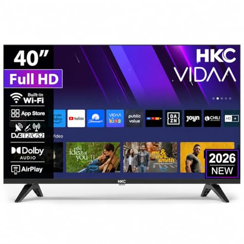 HKC Smart TV 40 Pouces (100 cm) FHD, sans Bord Connectée Télévision avec WiFi, App Store, Triple Tuner(DVB-T/T2, DVB-C, DVB-S/S2), AirPlay (H40Q1F-V, 2026)