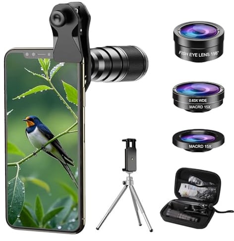 4-in-1 Universal Objektiv für Handy 22X Teleobjektiv, 15x Makro Objektiv, 0.63x Wide, 198° Fisheye Lens, Handy Objektiv mit Objektiv Clip Handyhalterung für die meisten Smartphones
