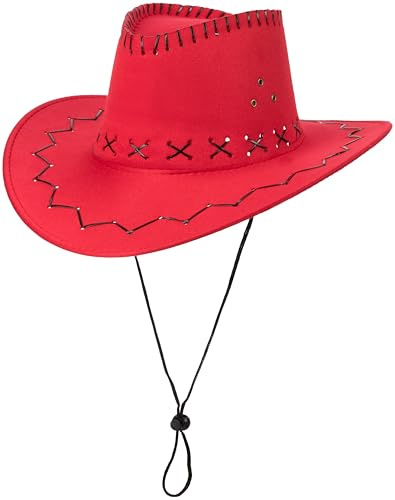SCIPPIS Westernhut Clint – Cowboyhut für Karneval, Fasching & Mottoparty mit Kinnriemen – Einheitsgröße – Schwarz/Braun/Rot/Pink