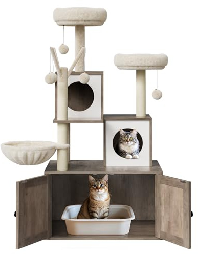 Blanc Arbre à Chat avec Meuble Litiere Chat Tour à Chat 2 en 1 avec 138 cm avec Grande Plateforme Corde en Lavable Balles Griffoir Sisal Perchoir Doux Meuble Chats D'Intérieur Bac à Litière Gris