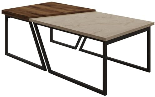 Modern Coffee Table Set (2 Pieces), Rustic Walnut & Travertine, 120 x 40.6 x 60 cm | 100% Melamine Coated, Black Metal Legs | Stylish Industrial Design