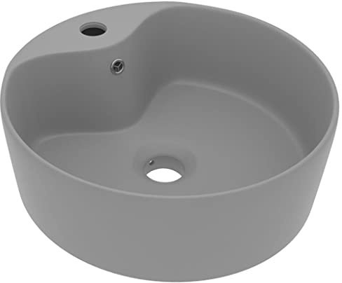 Mhdvray Lavabo da appoggio rotondo 36 cm, in ceramica opaca, grigio chiaro, con troppopieno e foro per rubinetto, moderno lavandino bagno, ospiti, WC, cucina o esterni, salvaspazio per piccoli spazi
