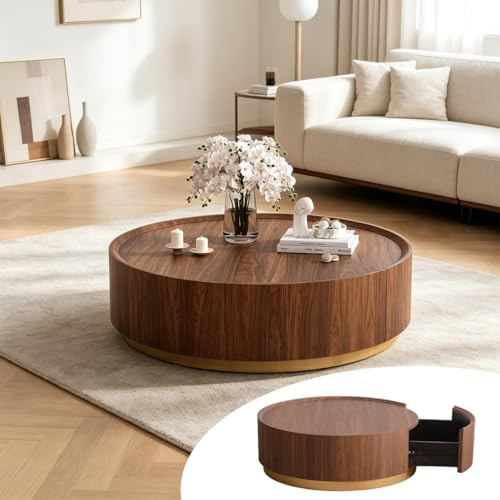 RYDZCLH Runder Couchtisch Mit Schubladen, Runder Couchtisch Mit Stauraum Holz,Vintage Trommel Couchtische,Holztisch Akzenttisch Für Wohnzimmer, Apartments Und Kleine Räume