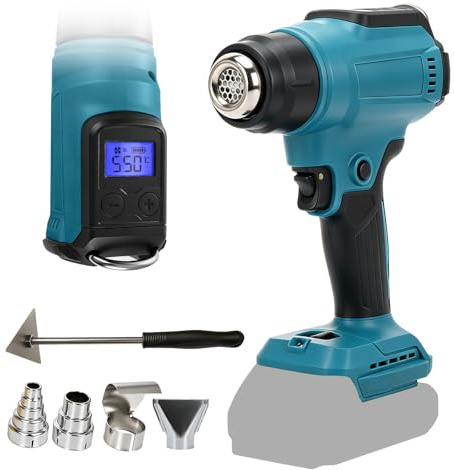 Cordless Heat Gun Compatible with MAKITA 18V with 4 Nozzles 1 Scraper, 300W 550°C Heat Gun with LED Screen for Crafts, Heat Shrink Tubing, Resin and Decorating (Blue for MK)