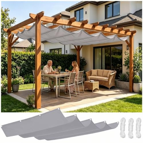 Toldo corredero de Olas 250x300cm,Vela Sombra para pérgola de Madera Gris | Tejido grueso 230g/m² contra calor,resistente al agua,ollados de acero inoxidable estables,toldo plegable sin barras rígidas