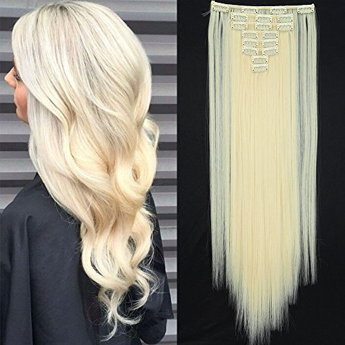 TESS Clip in Extensions wie Echthaar Kunsthaar Haarteil günstig 8 Tressen 18 Clips Haarverlängerung Glatt Weißblond 26(66cm)-140g