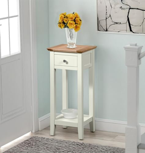 Hallowood Furniture Clifton Oak Tall Off White Console Table with Light Oak Top, Wooden Side Table with Drawer and Shelf, Narrow Telephone Stand for Hallway or Living Room