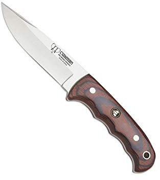 Cudeman Cuchillo 147-R hoja de acero inoxidable ACX-380 de 11 cm empuñadura de estamina roja de 11,5 cm para caza, pesca, supervivencia y bushcraft + Portabotellas regalo