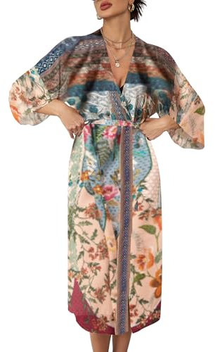 Bsubseach Floral Print Kimono Cardigan Damen Long Sleeve Open Front Badeanzug Beach Cover Up mit Gürtel