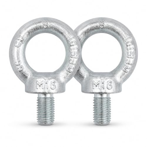 KeyMet 2 Stück Ringschraube M16 DIN 580 C15 Verzinkt, Rundkopf, Silber, Ringbolzen, Augenschraube, Stahl, Kohlenstoffstahl, Klasse C, M16, 63 mm, 34 mm, 66 mm, 27 mm, 700 kG, 5600 kg