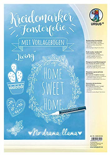 Ursus 22350003 - Fensterfolie Living, 10 Blatt hochtransparente Folie mit 9 Vorlagebogen, ca. 23 x 33 cm, geeignet für Kreidemarker, selbsthaftend, abwaschbar, wiederverwendbar