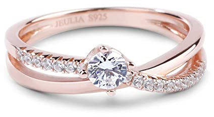 Jeulia Femme Bagues de Promesse en Argent Sterling Solitaire Anneau Plaqué Or Rose 18k Bagues Coupe Ronde pour Anniversaire Mariage Engagement (60)