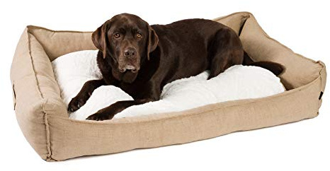 JAMAXX Premium Hundebett in edler Leinen-Optik/Orthopädisch Memory Visco Schaumstoff/Waschbar Bezug Abnehmbar, mit Wendekissen, Hochwertiger Hunde-Korb Hundekörbchen S-XL (L) 120x90 Coffee-beige