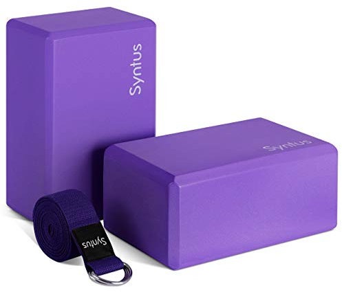 Syntus Yoga-Block und -Gurt-Set, 2 weiche rutschfeste Blöcke aus EVA-Schaum, 22,9 x 15,2 x 10,2 cm, Metall-D-Ring-Gurt für Yoga, allgemeine Fitness, Pilates, Stretching und Toning
