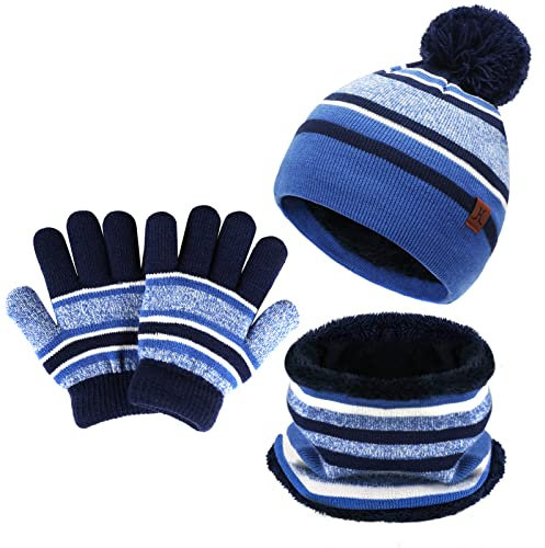 Invernale Bambino Berretto Cappello con Pompom Sciarpa ad Anello e Guanti, Termici Cappelli Berretti Scaldacollo in Maglia con Fodera in Pile per 2-7 Anni Bambina Bimbo