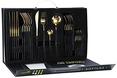 rismart Set de Couverts, Set de Couteaux et Fourchettes Cuisine en Acier Inoxydable, Ménagère de 24 Pièces pour 6 Personnes Or Noir