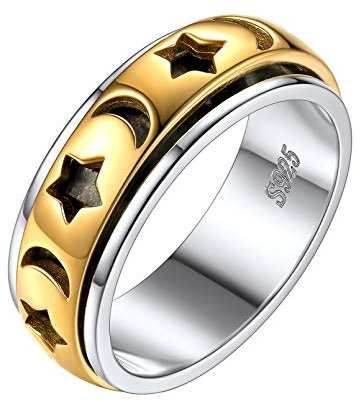 Nofade Silver damen herren Finger Ring Stern Mond Bandring Drehring Meditationsring Ehering Verlorbunsring