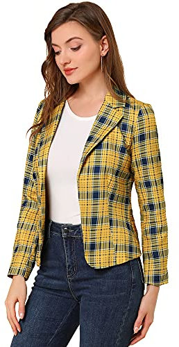 Allegra K Women's Work Casual Fitted Blazer Notch Lapel Printed Open Front Suit Jacket, Yellow-Plaid, M
