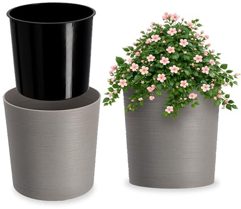 KADAX Blumentopf ⌀ 25cm mit Holzspänen, eleganter Übertopf mit Einlage, Topf, Gartenschale, Blumenkübel, Blumentopfschutz für Wohnzimmer, Büro (Grau)
