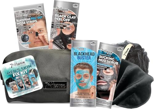 7th Heaven Men’s Skin Essentials Gift Set – 3 Face Masks with Charcoal & Dead Sea Salt + T-Zone Pore Strips, Black Wash Bag, Exfoliating Body Puff & Face Cloth – Deep Cleansing Skincare Gift for Him