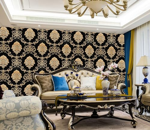 9.5X0.53M 6 Colors Luxury Gold Damask Waterproof Embossed Textured PVC Wallpaper Murals Roll for Bedroom Livingroom 1.73' W x 31.2' L=5.035㎡ (54sq.ft) (Black)