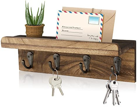HRONRAD Rustic Key Holder for Wall, Farmhouse Wall Shelf with 4 Hooks, Wall Mounted Key Racks, Wooden Mail Organizer with Hooks for Entryway (Brown)