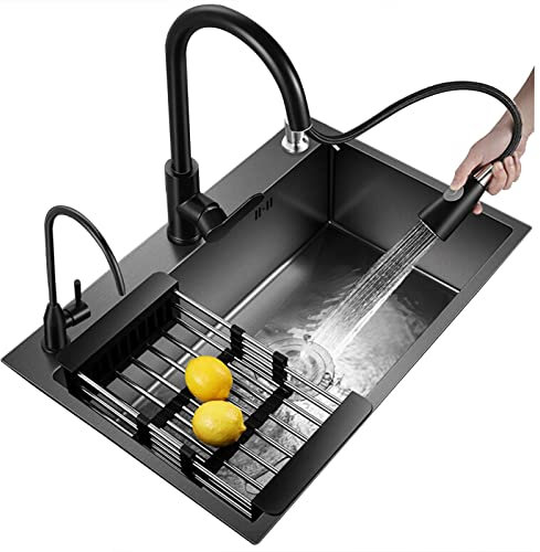 Küchenspüle schwarzes rechteckiges Edelstahlspülbecken, 19,7-31,5 Zoll Wasserhahn*2, ausziehbarer Korb, Seifenspender Arbeitsplatz-Küchenspüle Barspüle (Color : Black, S : 50 * 45 * 20cm)