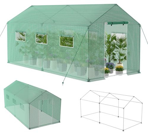 XMTECH Serre en film plastique - 450 x 200 x 200 cm - Pour légumes, plantes, fruits, jardin - Avec film grillagé résistant aux UV et fenêtre - Toit pointu - Vert