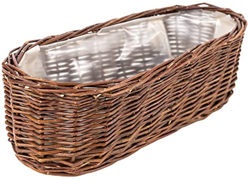 Creative Home Vaso da Fiori in Vimini Scuro con Pellicola per Balcone | 35 x 11 x 11 cm (+/- 2 cm) | Intrecciato a mano | da Riporre | Vaso Ovale | Cestino in Vimini