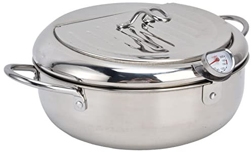 Pentola per Friggitrice in Acciaio Inossidabile 304, Pentola per Friggere in Tempura in Stile Giapponese con Coperchio, Pentola per Friggere con Scolapiatti per Olio, Mini(Colore acciaio inossidabile)