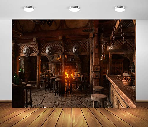 BELECO 3x2m Fabric Medieval Tavern Backdrop for Photography Wooden Interior Tables Hanging Shields Candle Light Fireplace Ancient Tavern Inn Bar Background for Party Decorations Photo Studio Props