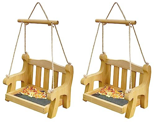 Notakia Set of 2 Swing Wild Bird Feeder Stand for Outside, Metal Mesh Bottom, Wood Bench Shaped Bird Feeders for Outside Hanging, Swing Chair Bird Feeder for Garden Yard Patio,Porch Decoration