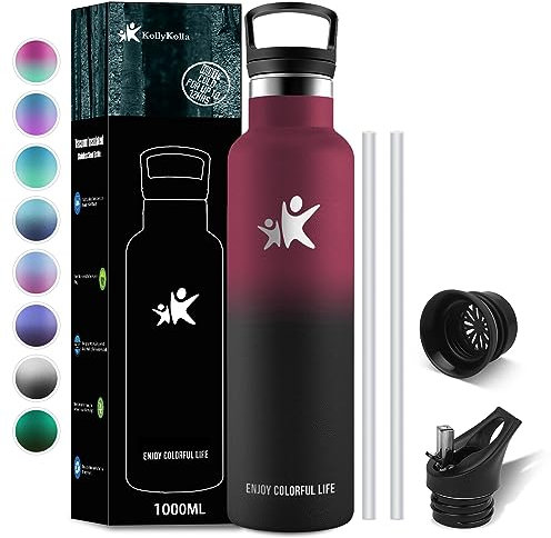 KollyKolla Gourde Isotherme 1L, Gourde Inox avec en Paille, Bouteille d'eau sans BPA, Bouteille Isotherme en Acier Inoxydable, Réutilisable, Anti-Fuite, Enfant, Adultes, Sport, Bureau - 2 Couvercles