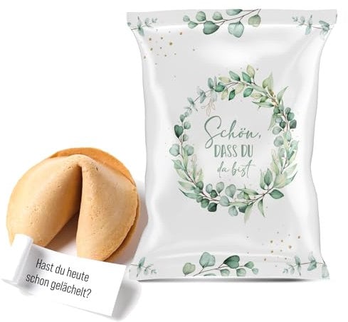 10 Schön dass du da bist Gastgeschenke Glückskekse mit Spruch Eukalyptus grün weiß Willkommensgeschenk MHD 30.11.2025