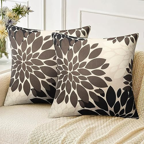 Velvhom Deko Kissen Bezüge Braun Schwarz Dahlie Blumen Boho Kissenbezug 40x40 Leinen Sofakissen Kissenhülle Abstrakt Outdoor Kissen Zierkissenbezüge für Wohnzimmer Schlafzimmer Sofa Stuhl Wohnkultur