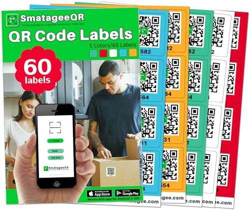 Smatagee QR Code Labels for Storage Bins,Office Organization,Moving Containers,Inventory Organizer | Pack and Track on iOS,Android App| 60 Unique Color Coded Stickers(2.6x2.6)