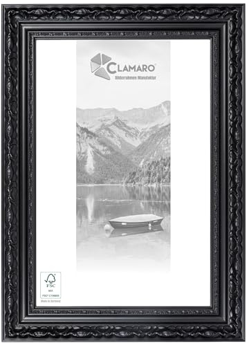 CLAMARO Bilderrahmen Otto Antik Barock, Schwarz matt, 21x29,7 cm, Acrylglas | Profilleiste 80 mm breit, Fichte Vollholz, HDF-Rückwand, Metall-Aufhänger, handgefertigt, Made in Germany, stabil