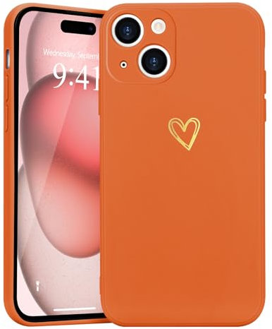 Wirvyuer for iPhone 15 Case Cute Heart Pattern Soft Shockproof Protective Silicone Phone Case for Women Girls, Orange