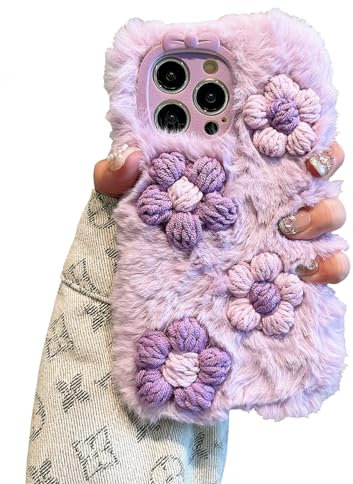 3D Plüsch Blume Handyhülle für iPhone 13 Hülle, Süße Pelzig Flauschige Girly Schutzhülle für Mädchen Frauen, Warme Weich Kunstpelz Hülle Stoßfest Case Cover für Purple iPhone 13