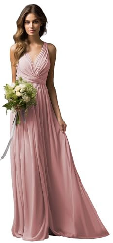 JAEDEN Brautjungfernkleider Lang A-Linie Abendkleid Chiffon Falten Hochzeit Party Kleid V-Ausschnitt Ärmellos Staubige Rose 50