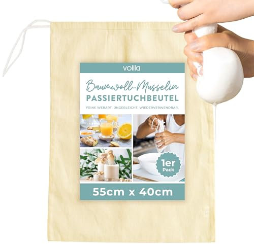 Cheese Cloth, Colador Tela - 1 Paquete (55 x 40cm) Colador de Tela de Algodón Sin Blanquear con Cordón - Bolsas de Malla Fina Lavables para Colar Jugo, Leche, Vino y Yogur