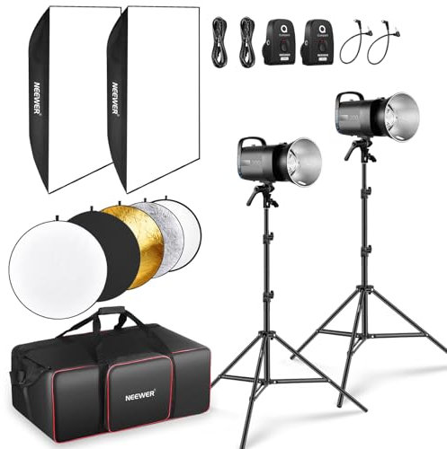 NEEWER Kit Luce Flash Monoluce Studio da 600W: 2pz Luce Stroboscopica 5600K S101-300W PRO con Trigger 2.4G/Lampade Pilota da 150W/Attacco Bowens/Softbox/Stativi/Riflettore/Borsa, Compatibile con QPRO