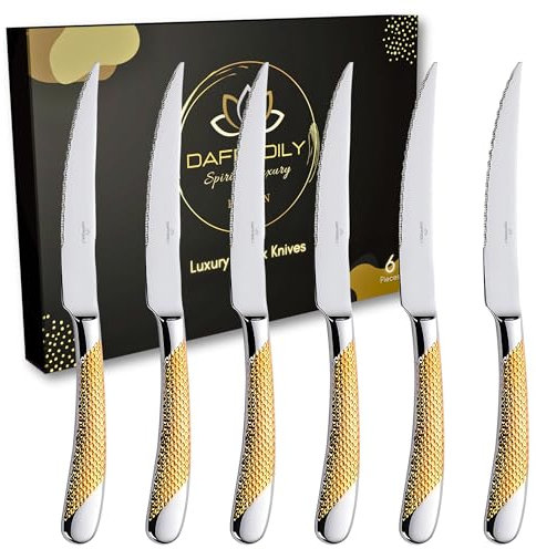 DAFFODILY® Luxury Cutlery Set, 18/10 Stainless Steel, Mirror Finish Kitchen Cutlery Sets, Dishwasher Safe, Ideal for New Home Gifts (Couteaux à steak-Or)
