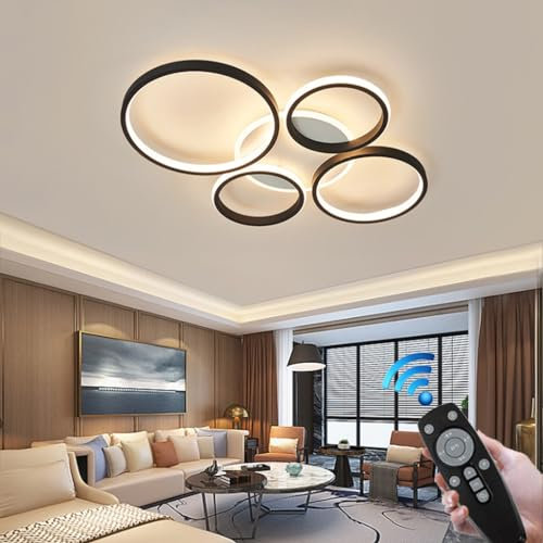 LYSDjia Moderne Deckenleuchte dimmbar LED Deckenlampe den Innenbereich Wohnzimmer 78cm Einbau Beleuchtungskörper schwarz 6 Ringlichter mit Fernbedienung geeignet für Küche Esszimmer Schlafzimmer Kronl