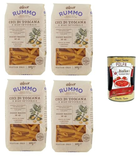 Italian Gourmet Penne Rigate N°66 Pasta senza glutine 4 x 300g aus Reis | Mit toskanischen Kichererbsen, formato corto italiano, glutenfrei und, Gesamtnettogewicht 1,2 kg + Kostenlos Polpa 400g